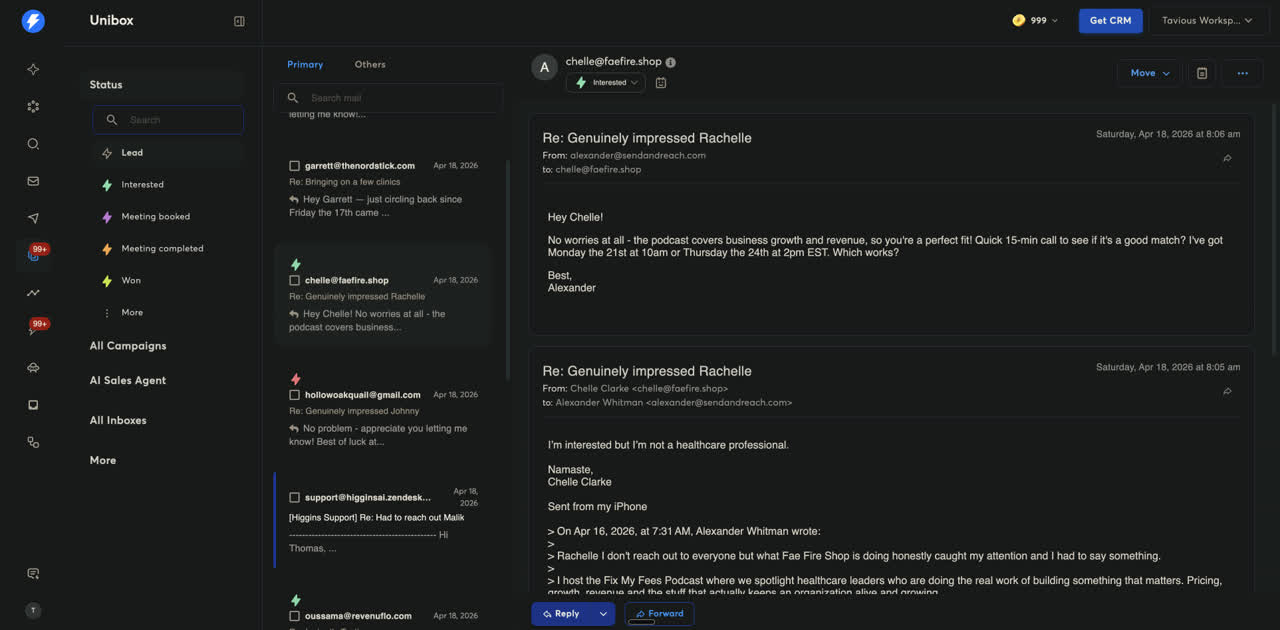Unibox — AI triages every reply, tags intent, surfaces booked meetings